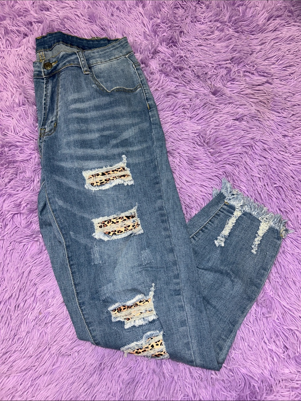 Women’s Distressed Blue Denim Jeans with Leopard Patch Detail